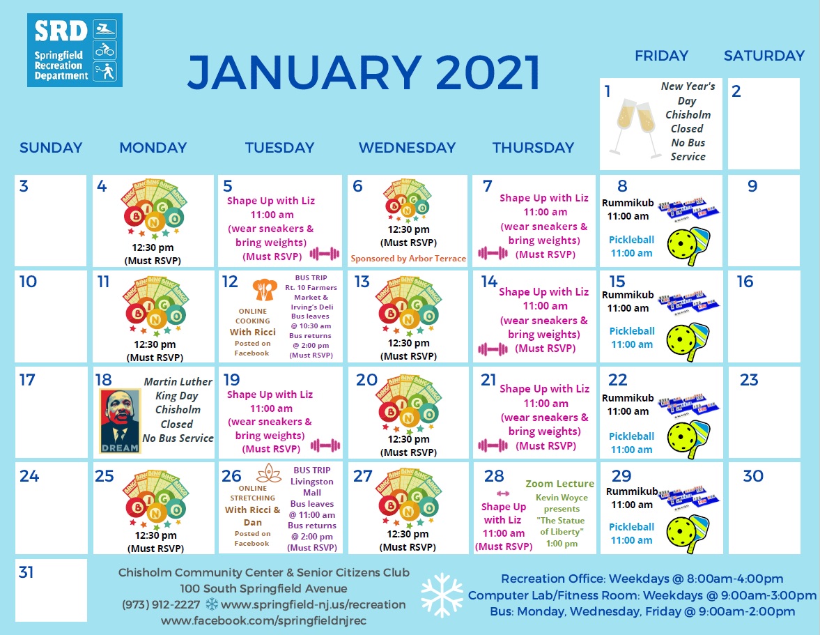 Recreation Department Announces January Calendar for Senior Citizens